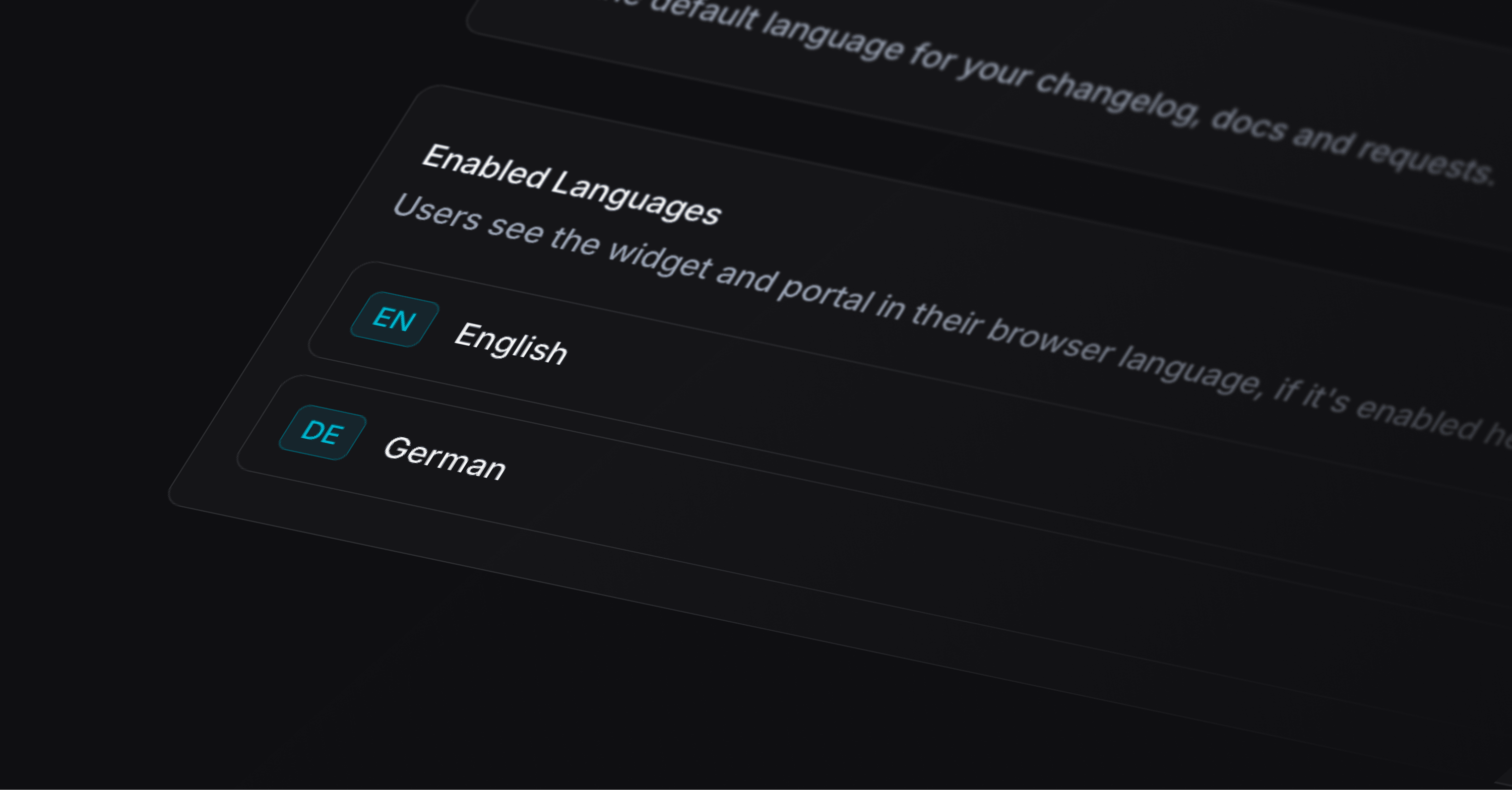 Language settings showing English and German enabled for portal and changelog