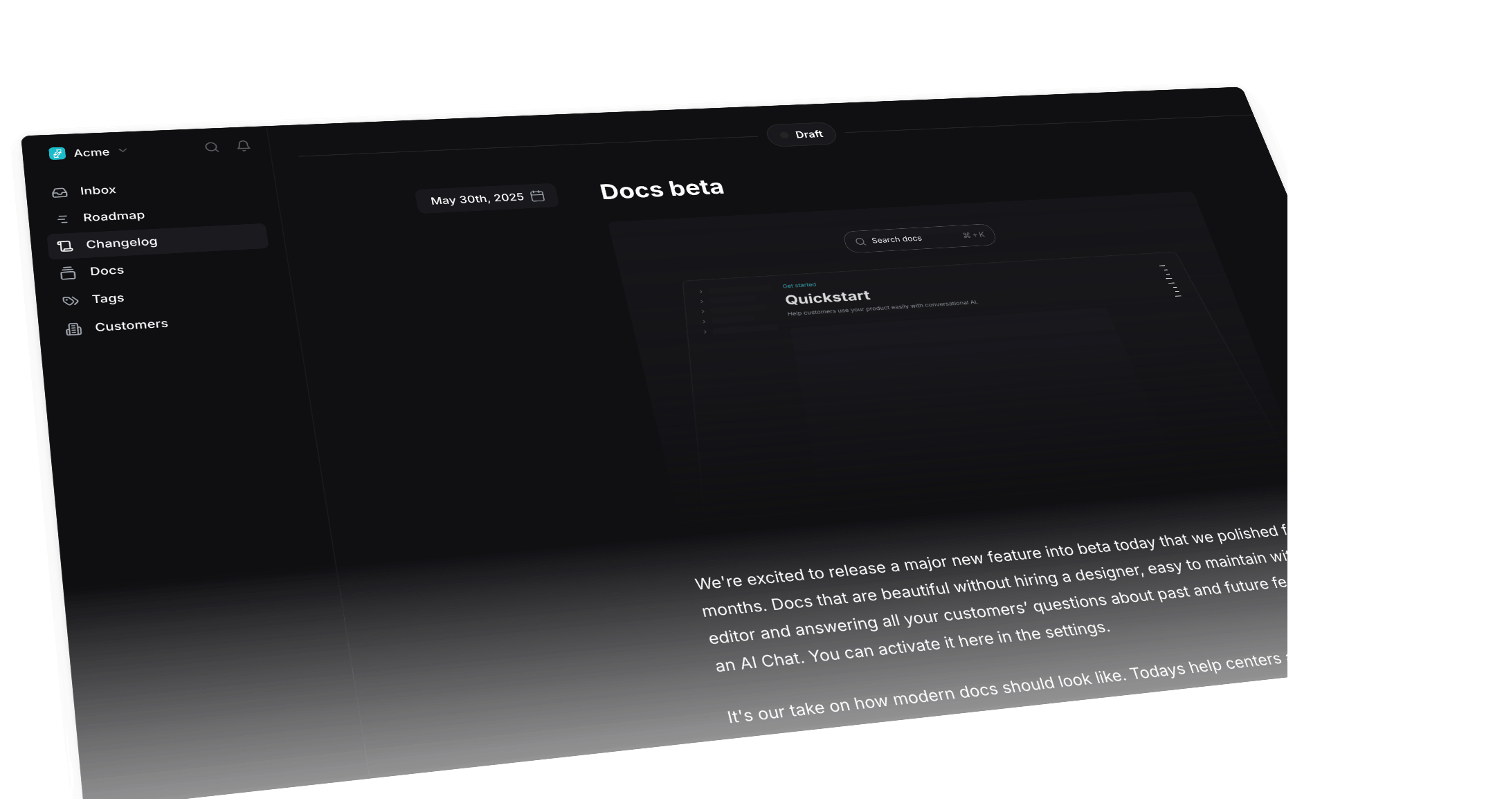Changelog editor showing Acme dashboard with Docs beta draft