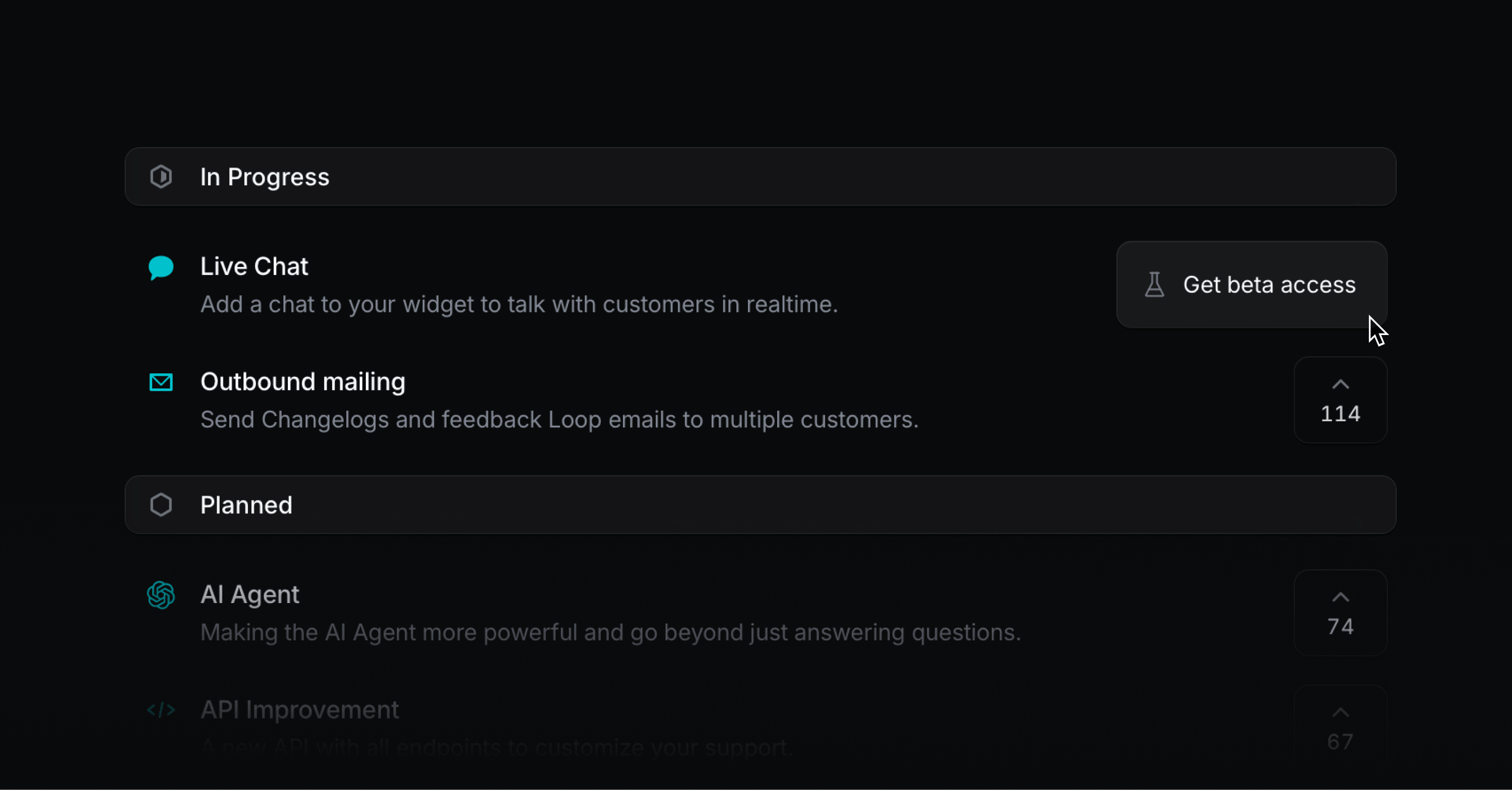 Feedback portal showing beta access button on roadmap items