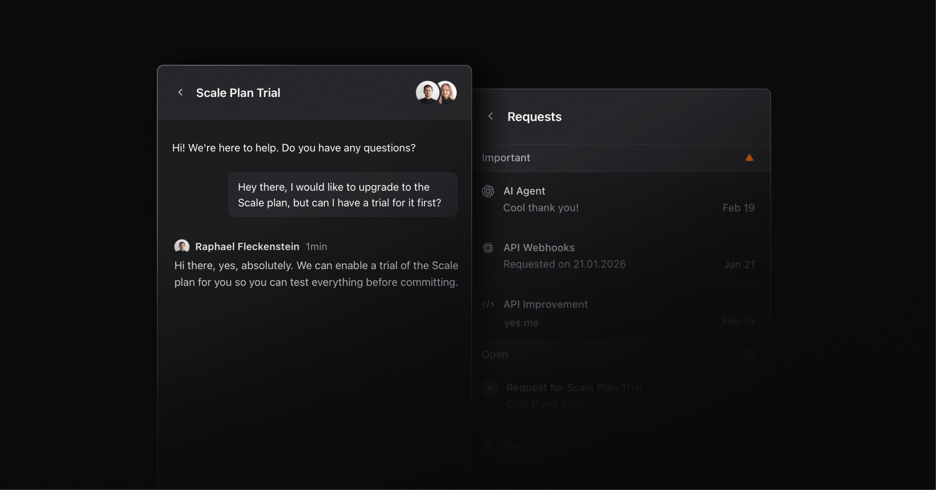 Live chat conversation alongside customer requests