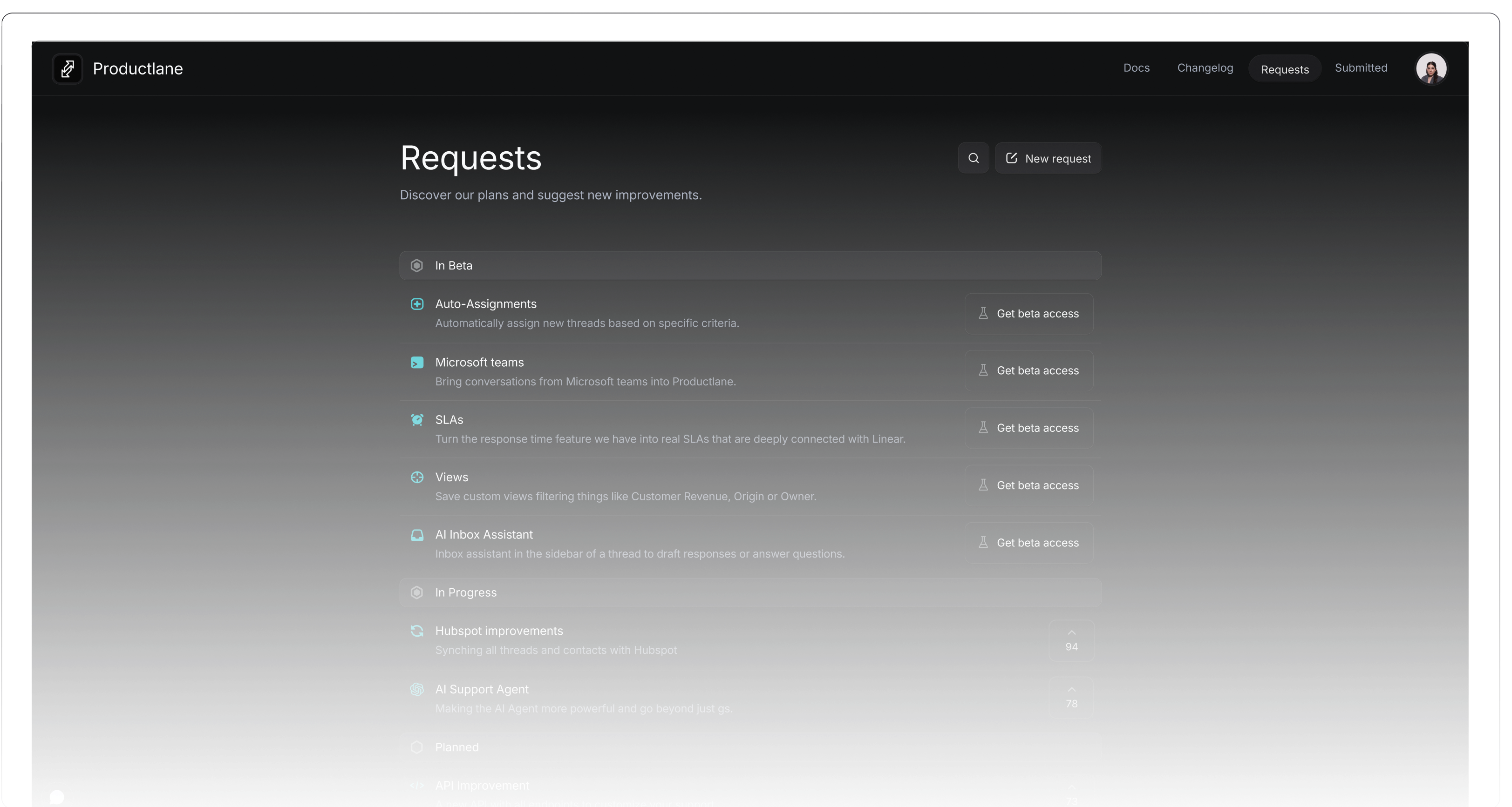 Productlane requests portal showing feature voting and status tracking