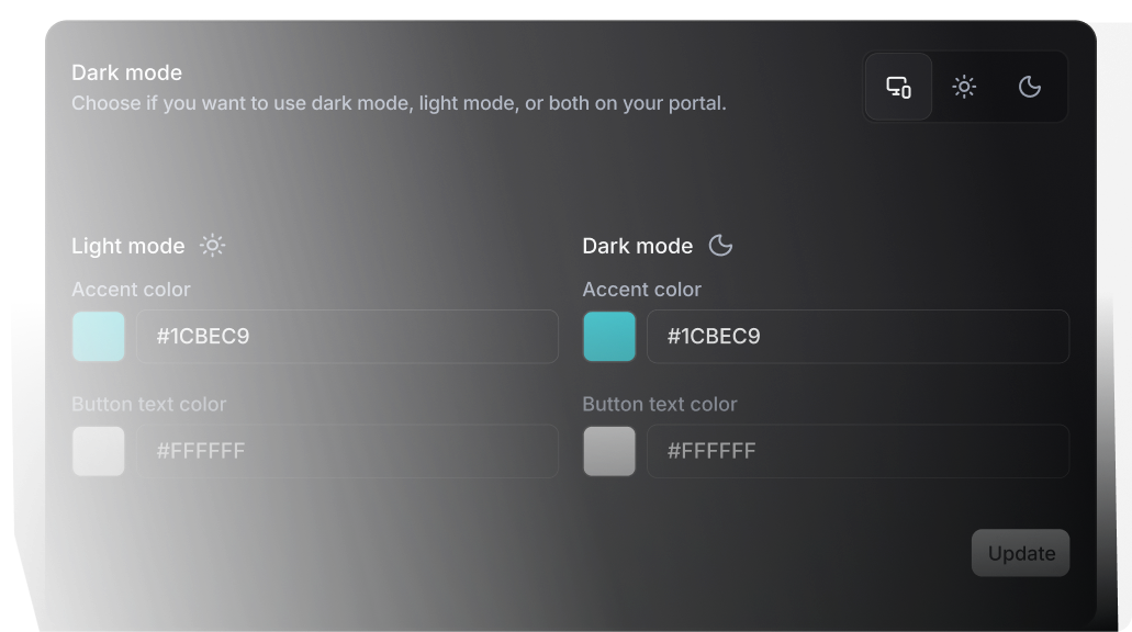 Dark mode theme settings showing light and dark mode accent color configuration
